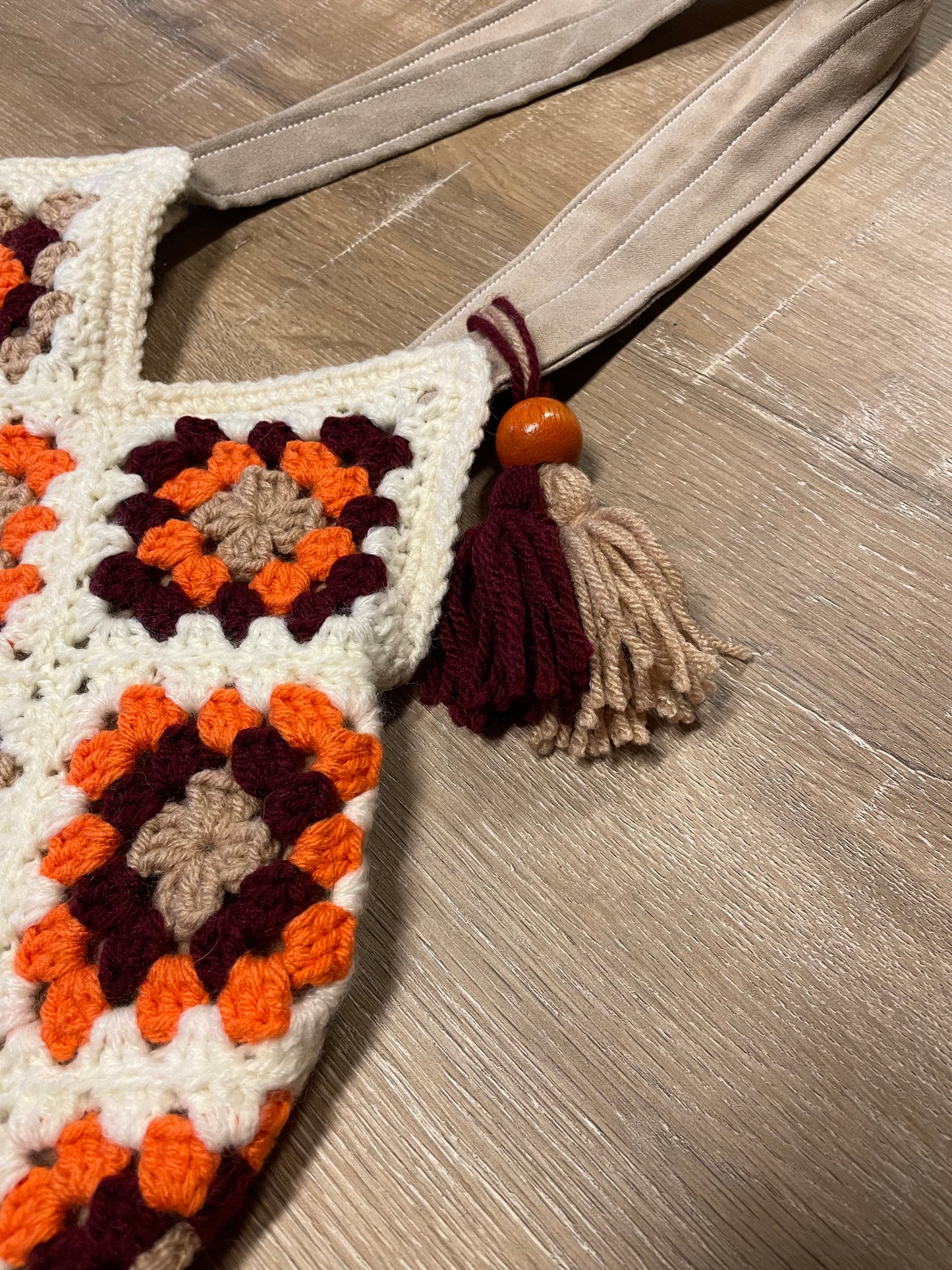 Your Grandma’s Couch Crochet Granny Square Boho Bag, Upcycled materials: A vintage 70s Style market bag, Sustainable, Retro, & totally chic