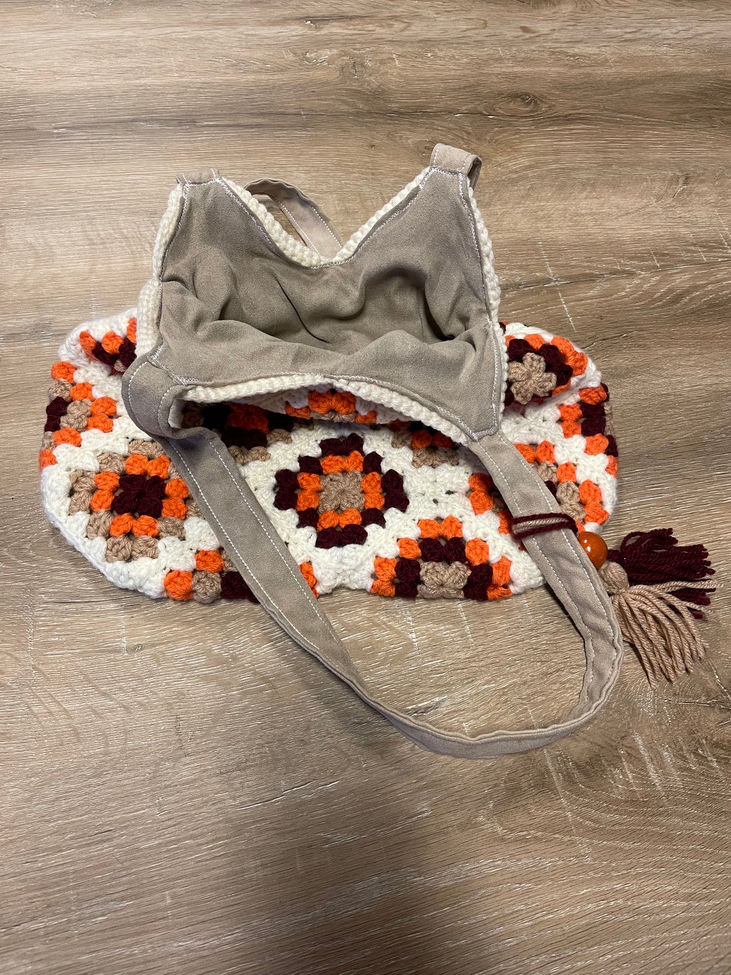 Your Grandma’s Couch Crochet Granny Square Boho Bag, Upcycled materials: A vintage 70s Style market bag, Sustainable, Retro, & totally chic