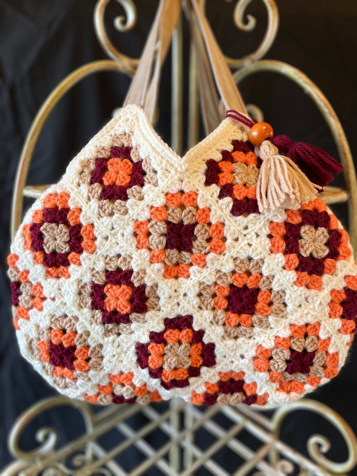 Your Grandma’s Couch Crochet Granny Square Boho Bag, Upcycled materials: A vintage 70s Style market bag, Sustainable, Retro, & totally chic