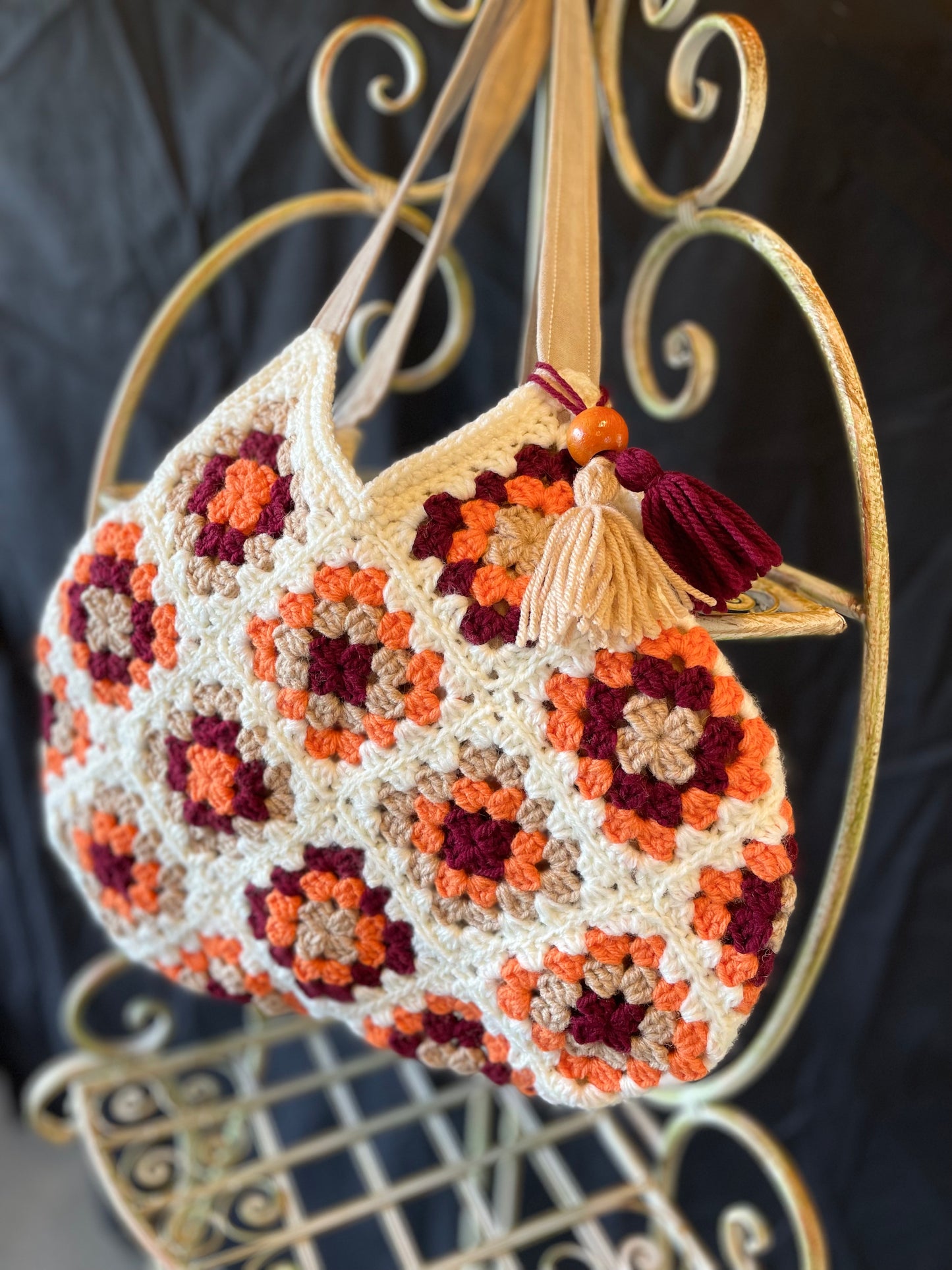 Your Grandma’s Couch Crochet Granny Square Boho Bag, Upcycled materials: A vintage 70s Style market bag, Sustainable, Retro, & totally chic